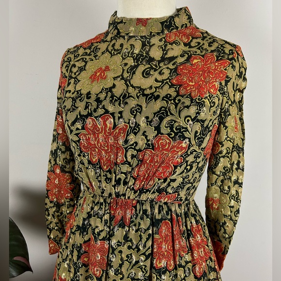 Vintage 60’s Gold Mock Neck Floral Maxi India Cotton Party Dress with Pockets - Picture 2 of 15